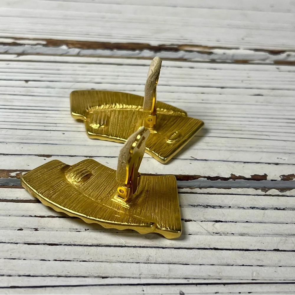 CRAFT Vintage 80’s MCM Art Deco Gold Tone Fan Signed Statement Clip On Earrings - Picture 6 of 10